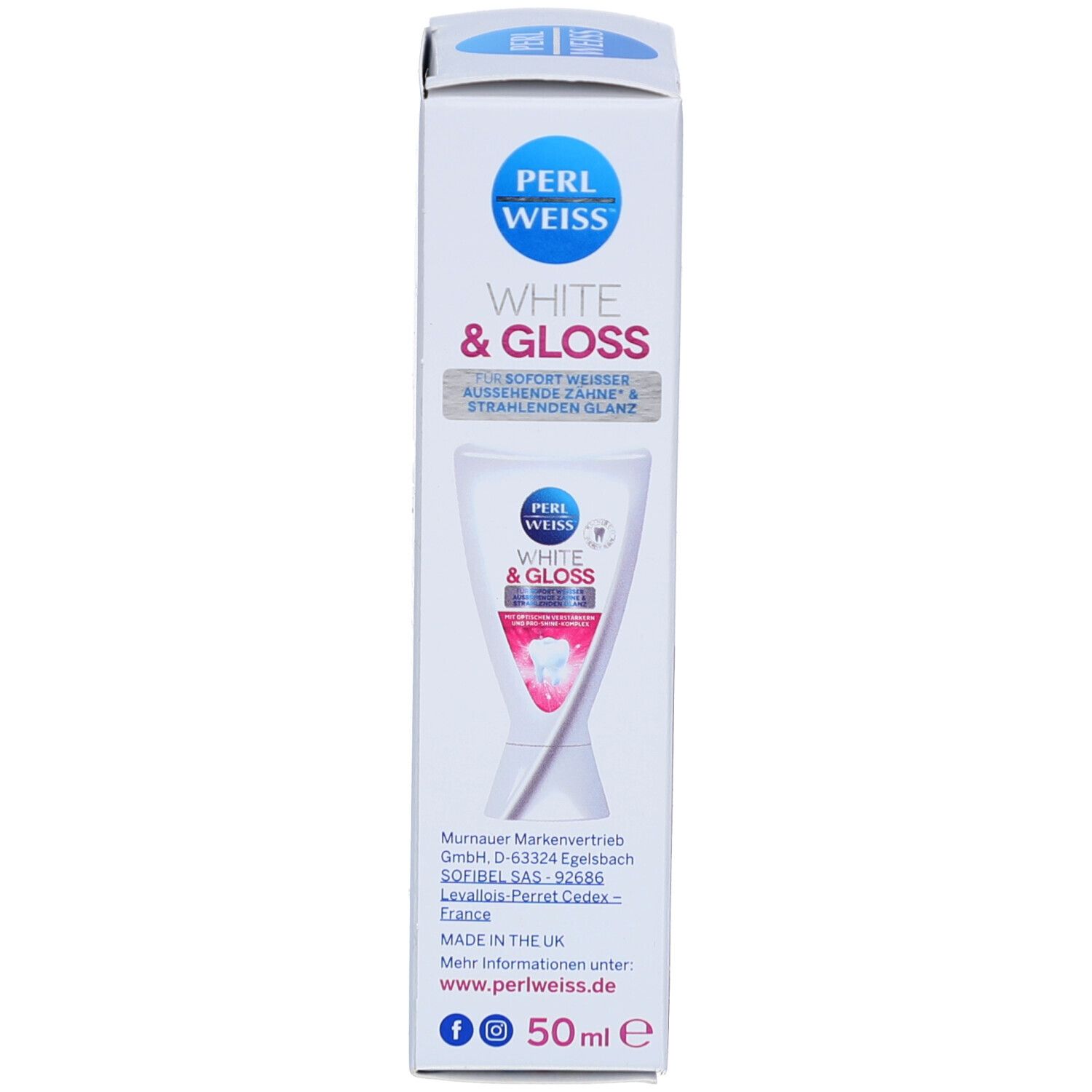 Schachtel mit Zahnpasta-Tube. Aufschrift: PERLWEISS, WHITE & GLOSS. 50ml. Herstellerinformationen. Logo.