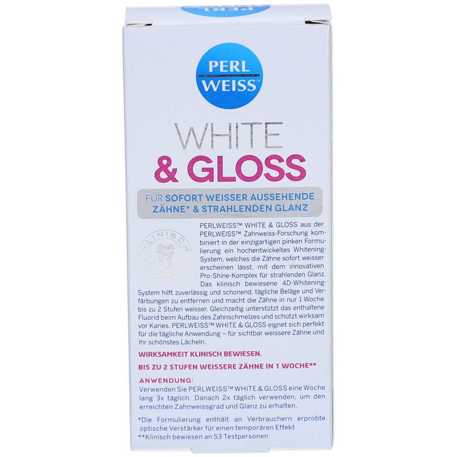 Weiße Schachtel. Aufschrift: PERLWEISS, WHITE & GLOSS. Text über Produkt. Anwendungshinweise. Zertifizierungslogo.