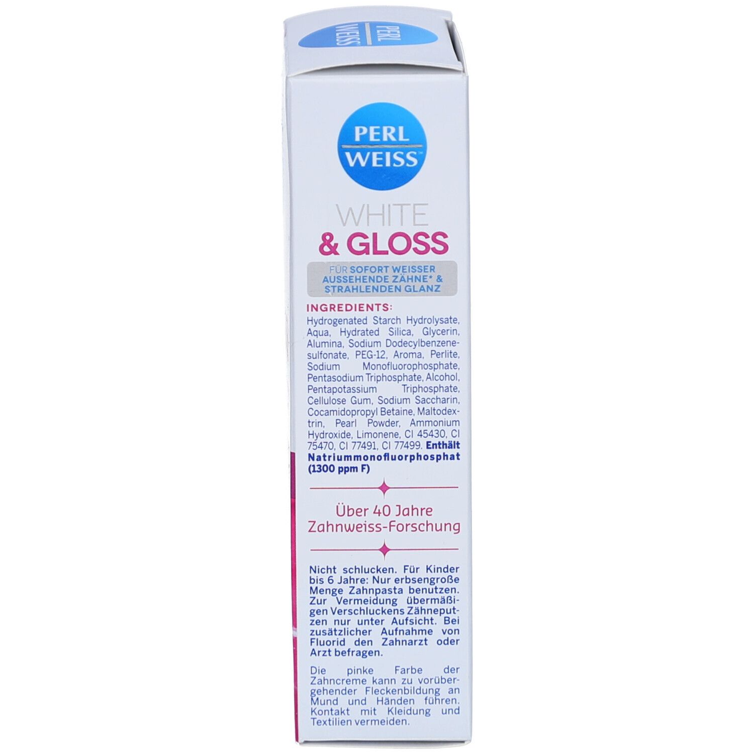 Weiße Schachtel. Aufschrift: PERLWEISS, WHITE & GLOSS. Inhaltsstoffe. Warnhinweise. Herstellerinformationen.