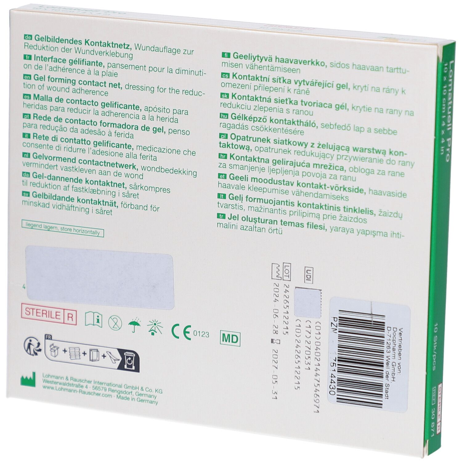 Verpackung für Lomatuell Pro Kontaktnetz, 10x10 cm, 10 Stück.