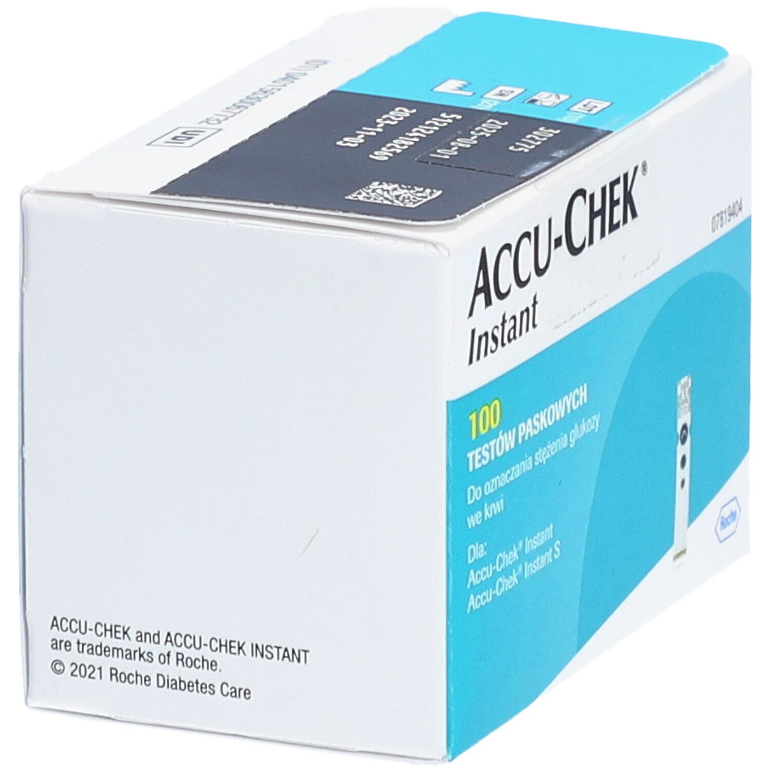 Schachtel ACCU-CHEK Instant Teststreifen. Enthält 100 Teststreifen. Blau-weiße Verpackung. Roche-Logo.