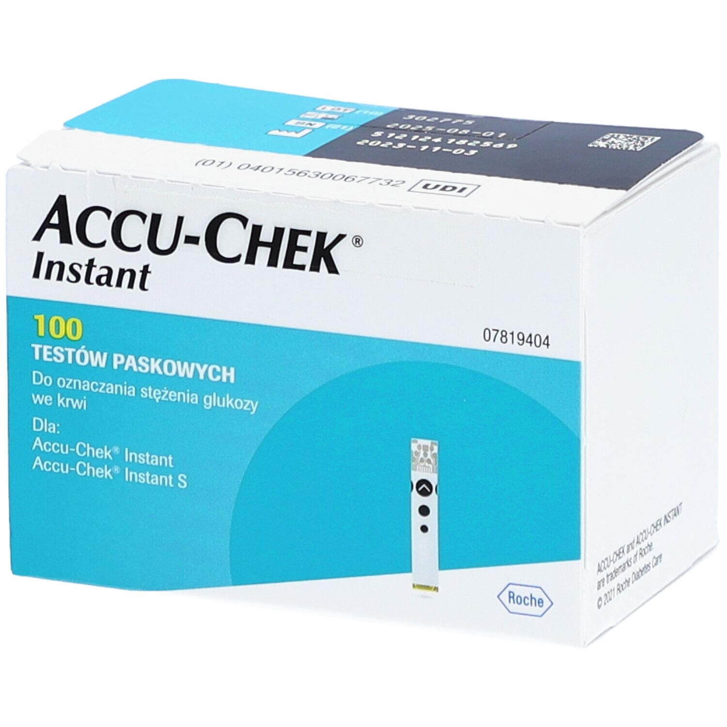 Schachtel ACCU-CHEK Instant Teststreifen. Enthält 100 Teststreifen. Blau-weiße Verpackung. Roche-Logo.