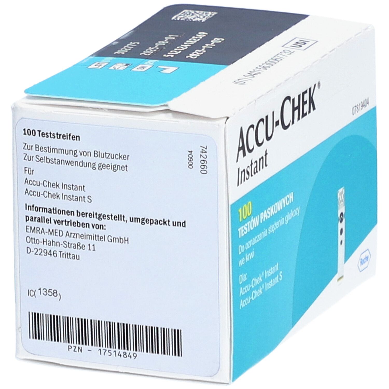 Schachtel ACCU-CHEK Instant Teststreifen. Enthält 100 Teststreifen. Aufdrucke in Deutsch und Polnisch. Roche-Logo.