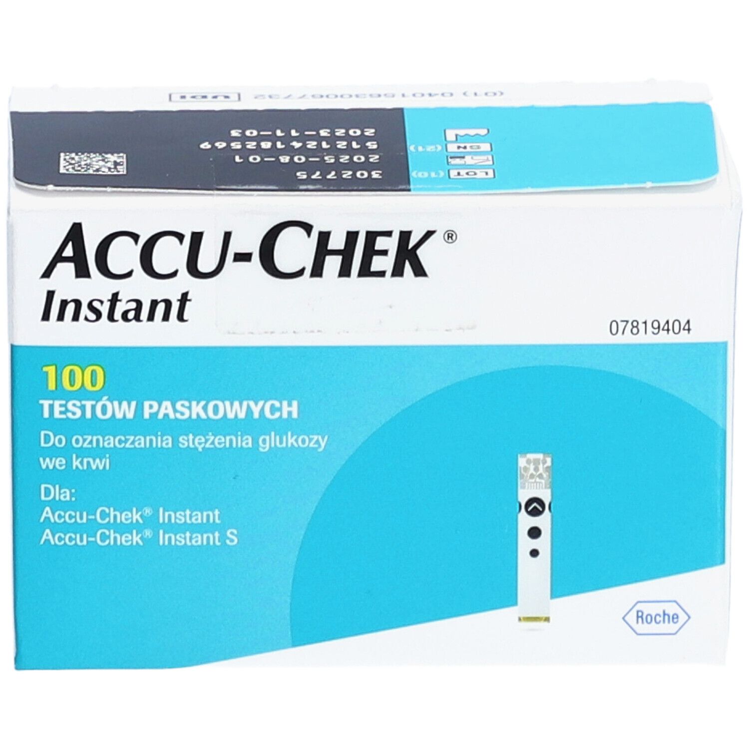 Schachtel ACCU-CHEK Instant Teststreifen. Enthält 100 Teststreifen. Aufdrucke in Deutsch und Polnisch. Roche-Logo.