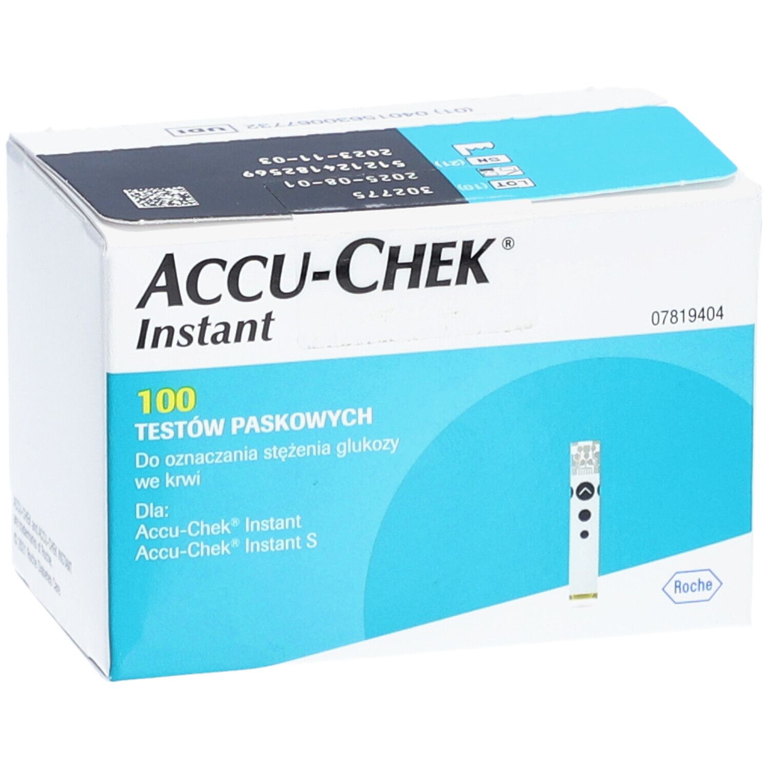 Schachtel ACCU-CHEK Instant Teststreifen. Enthält 100 Teststreifen. Blau-weiße Verpackung. Roche-Logo.