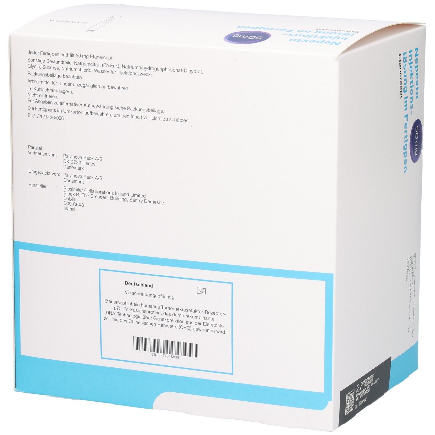 Rückseite der Nepxto Injektionslösung im Fertigpen Verpackung mit detaillierten Informationen und Barcode.