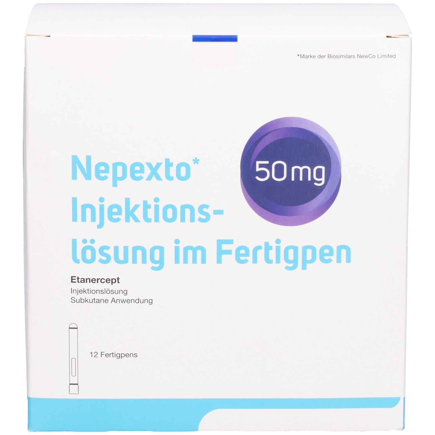 Vorderseite der Nepxto Injektionslösung im Fertigpen Verpackung, 50mg. Enthält 12 Fertigpens.