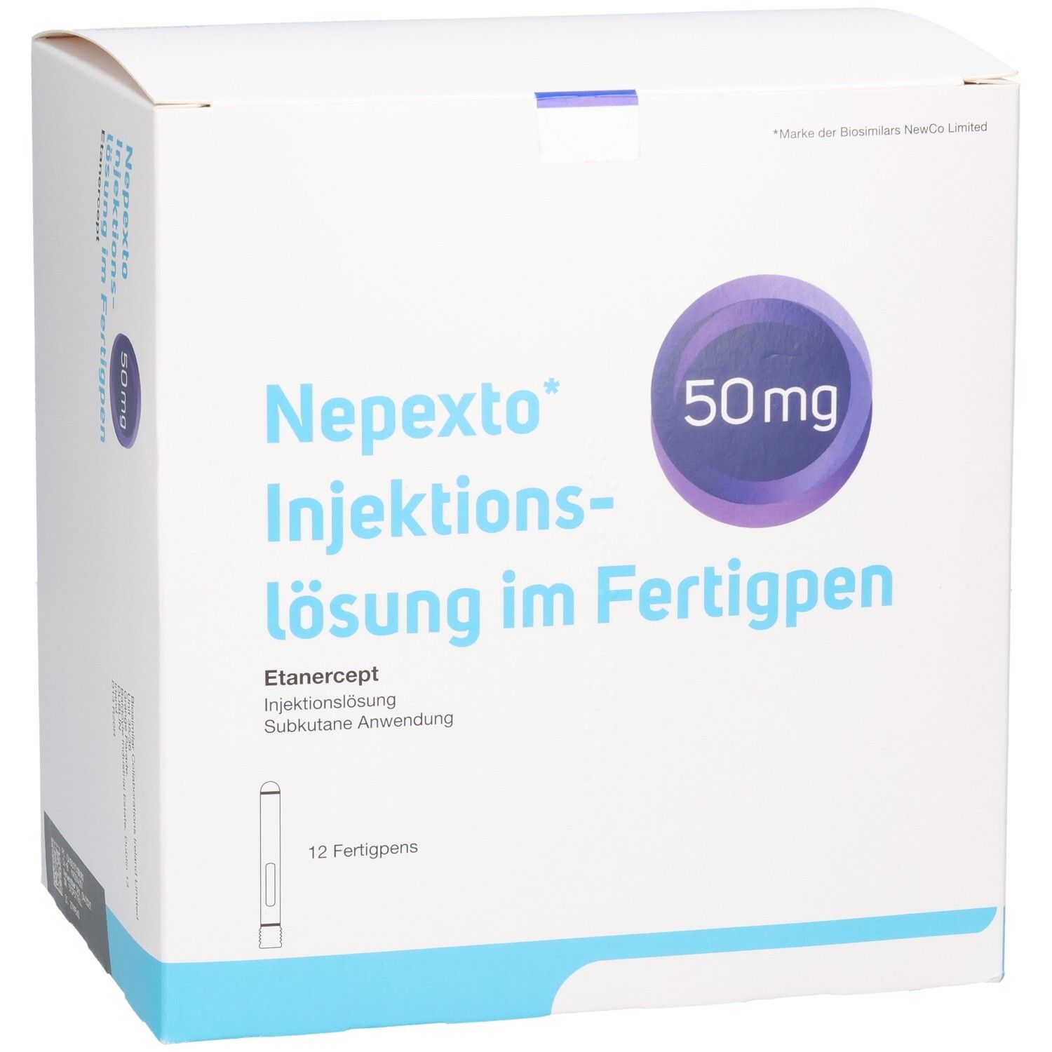 Vorderseite der Nepxto Injektionslösung im Fertigpen Verpackung, 50mg. Enthält 12 Fertigpens.