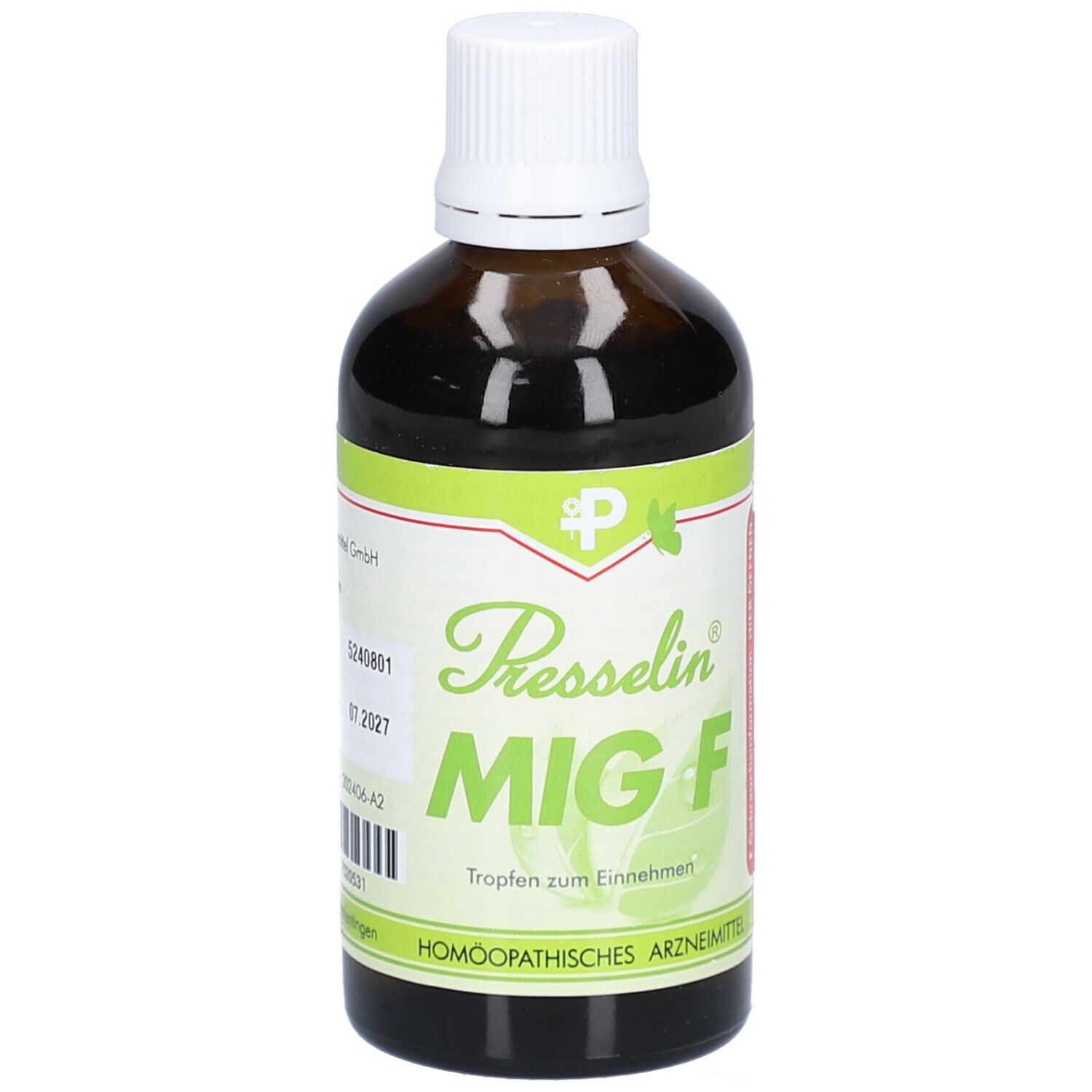 Braune Glasflasche mit weißem Deckel. Etikett mit Produktnamen Presselin MIG F und grünen Akzenten. Tropfen zum Einnehmen.
