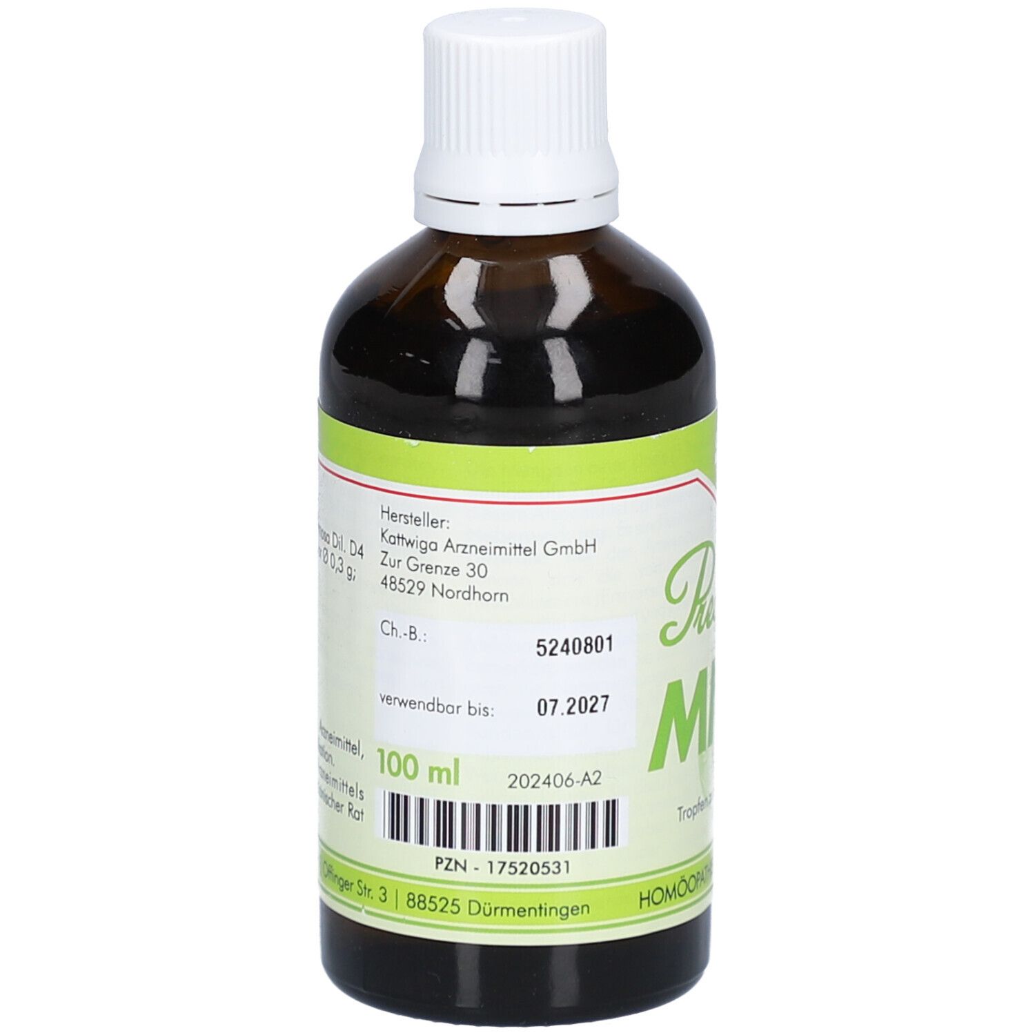 Braune Glasflasche mit weißem Deckel. Etikett mit Herstellerinformationen, Chargennummer und Verfallsdatum 07.2027. 100 ml.