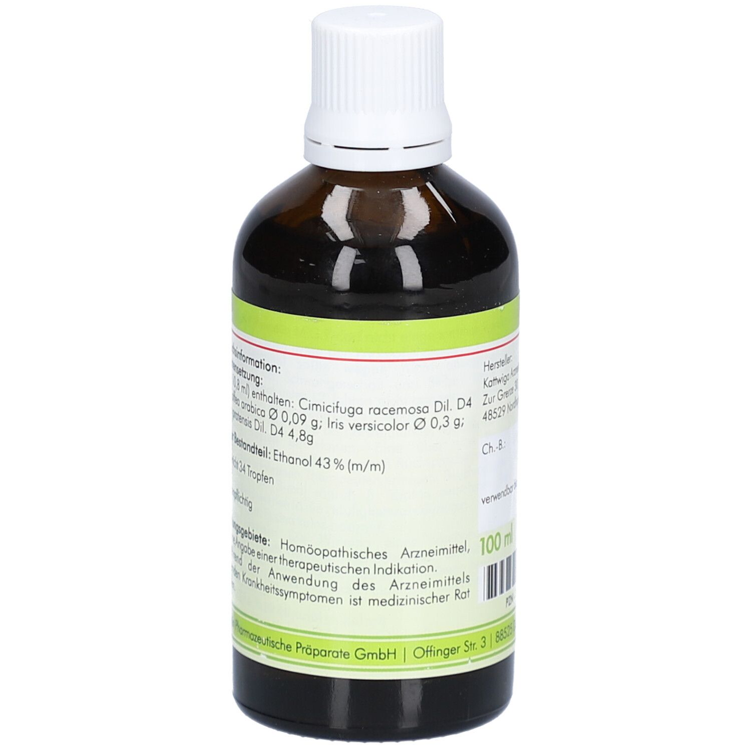 Braune Glasflasche mit weißem Deckel. Etikett mit Inhaltsstoffangaben und Herstellerinformationen. 100 ml.