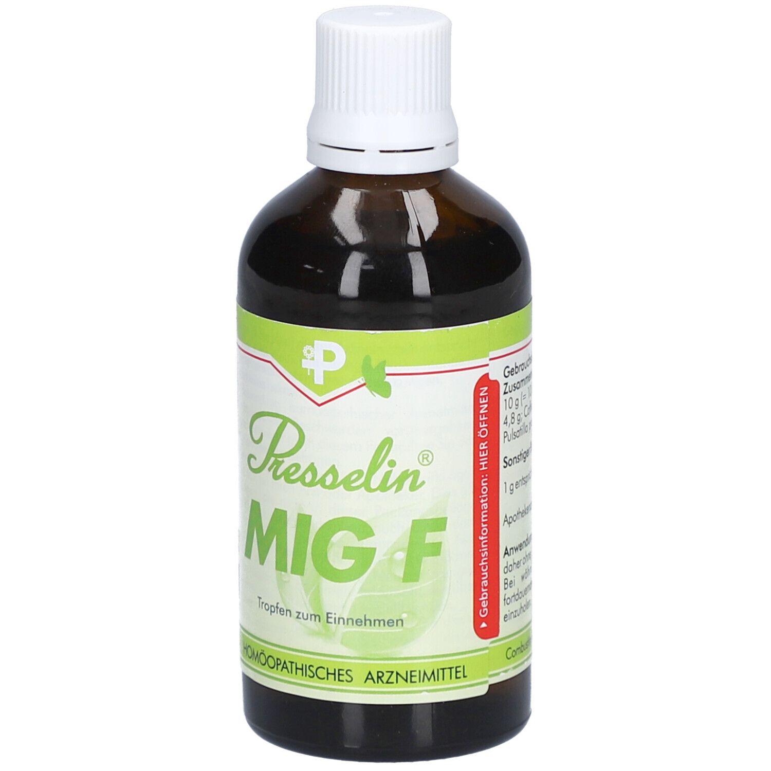 Braune Glasflasche mit weißem Deckel. Etikett mit Produktnamen Presselin MIG F und grünen Akzenten. Tropfen zum Einnehmen.