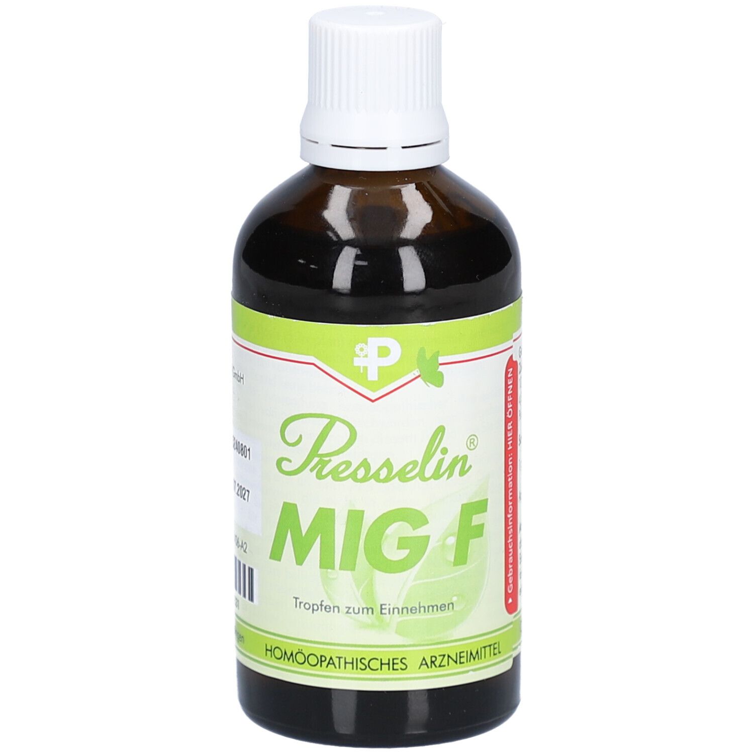 Braune Glasflasche mit weißem Deckel. Etikett mit Produktnamen Presselin MIG F und grünen Akzenten. Tropfen zum Einnehmen.