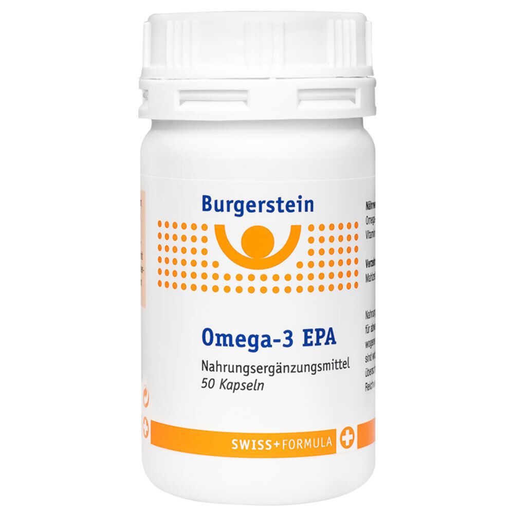 Weiße Flasche mit Burgerstein-Logo und Aufschrift Omega-3 EPA. Enthält 50 Kapseln. Swiss+Formula-Siegel.