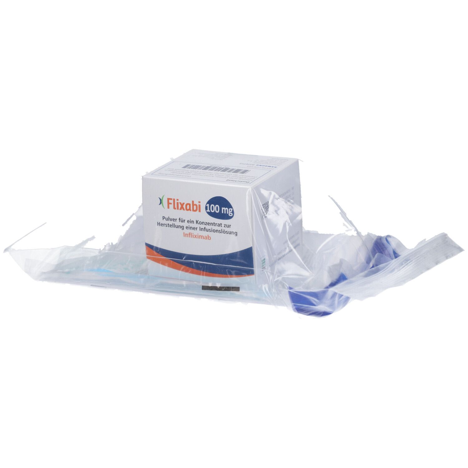 Verpackung von Flixabi 100 mg. Box in transparenter Folie, blaue Elemente.