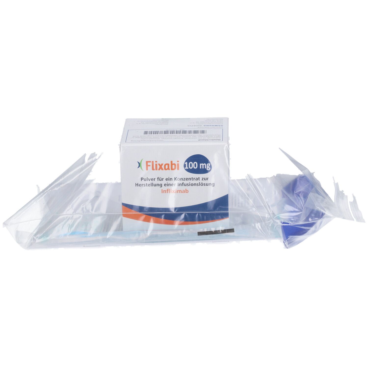 Verpackung von Flixabi 100 mg. Box in transparenter Folie, blaue Elemente.