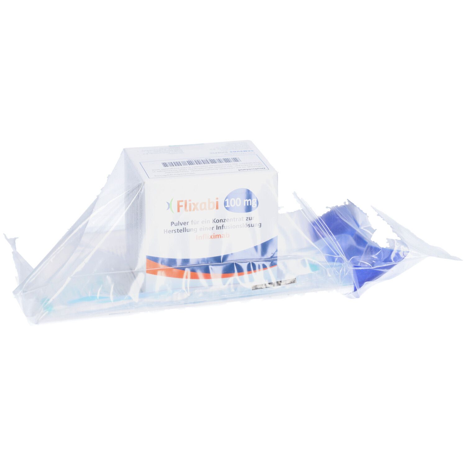 Verpackung von Flixabi 100 mg. Box in transparenter Folie, blaue Elemente.
