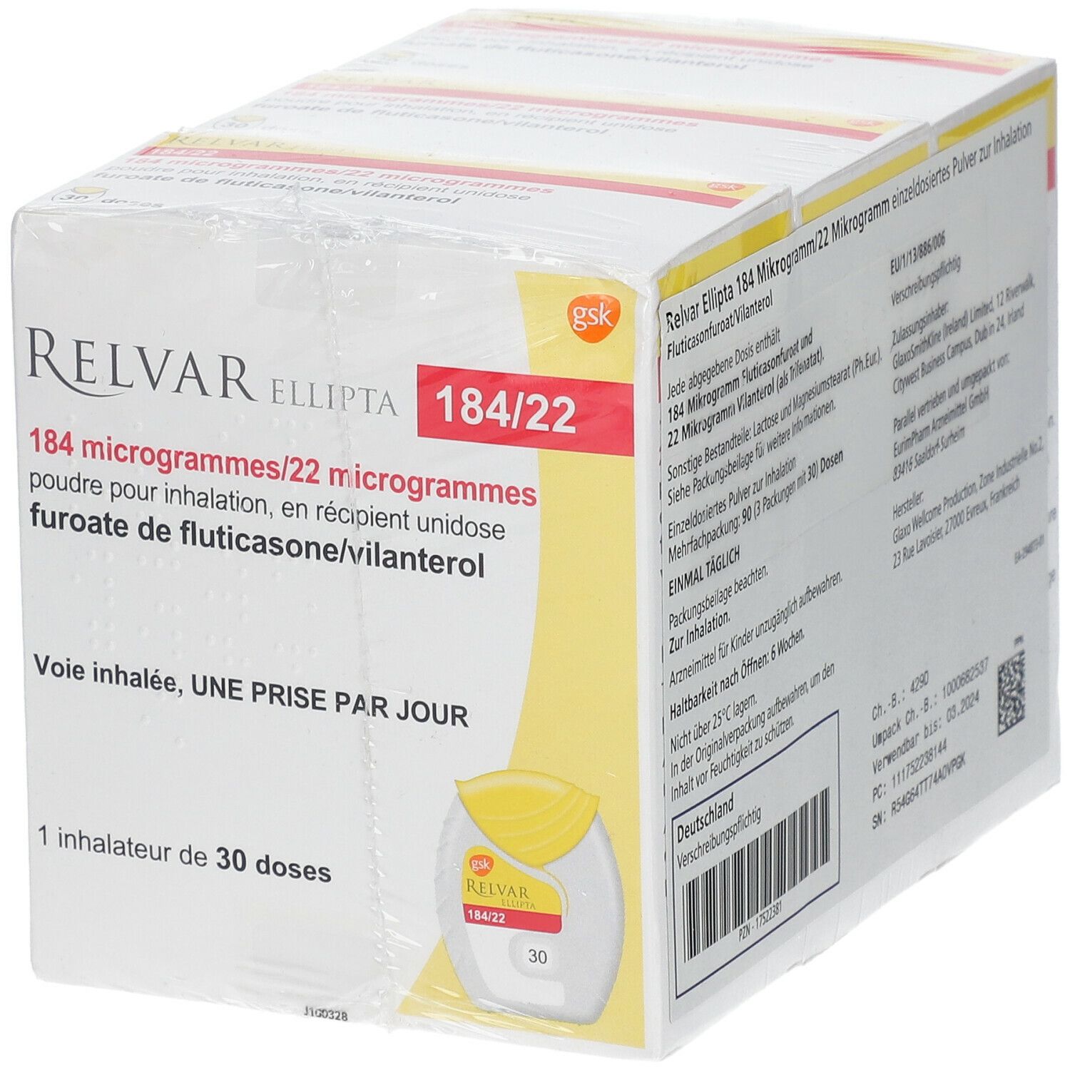 Verpackung RELVAR Ellipta 184/22. Enthält 1 Inhalator mit 30 Dosen. Produktinformationen auf der Verpackung.