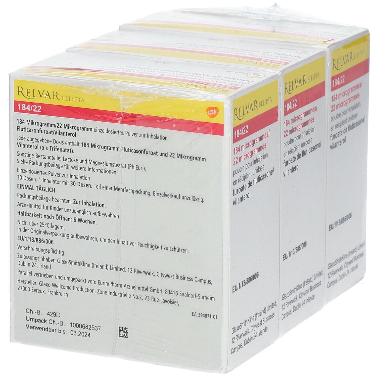 Mehrere Packungen RELVAR Ellipta 184/22 in Folie verpackt. Detailansicht der Produktinformationen.