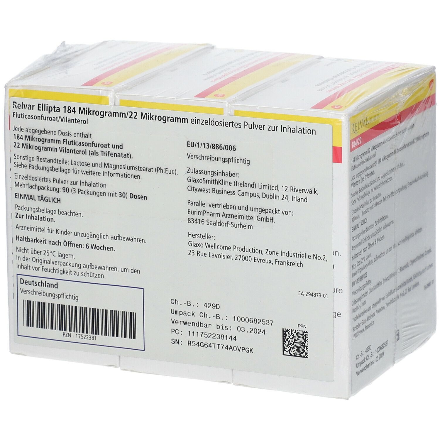 Mehrere Packungen RELVAR Ellipta 184/22 in Folie verpackt. Detailansicht der Produktinformationen.