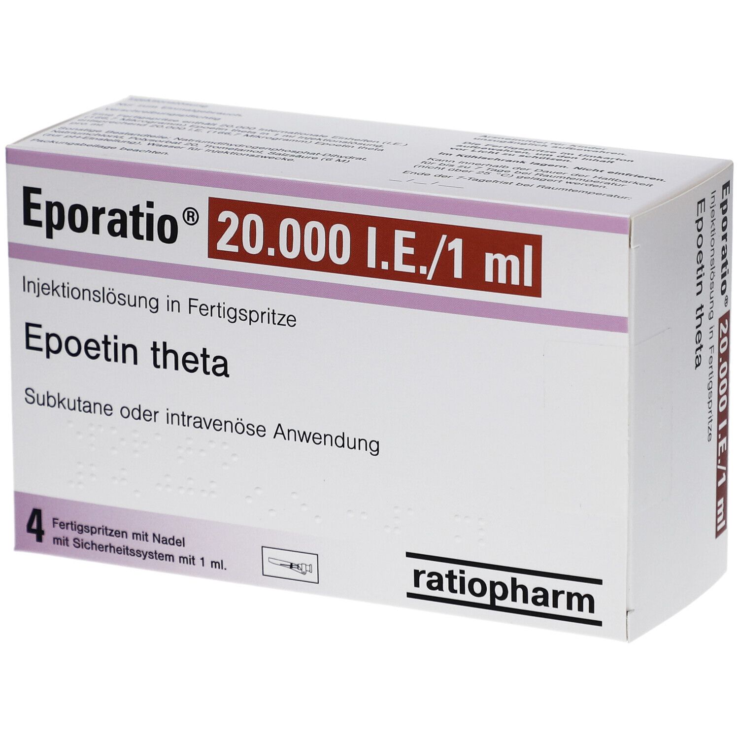 Karton von Eporatio 20.000 I.E./1 ml. Enthält 4 Fertigspritzen mit Nadel und Sicherheitsystem.