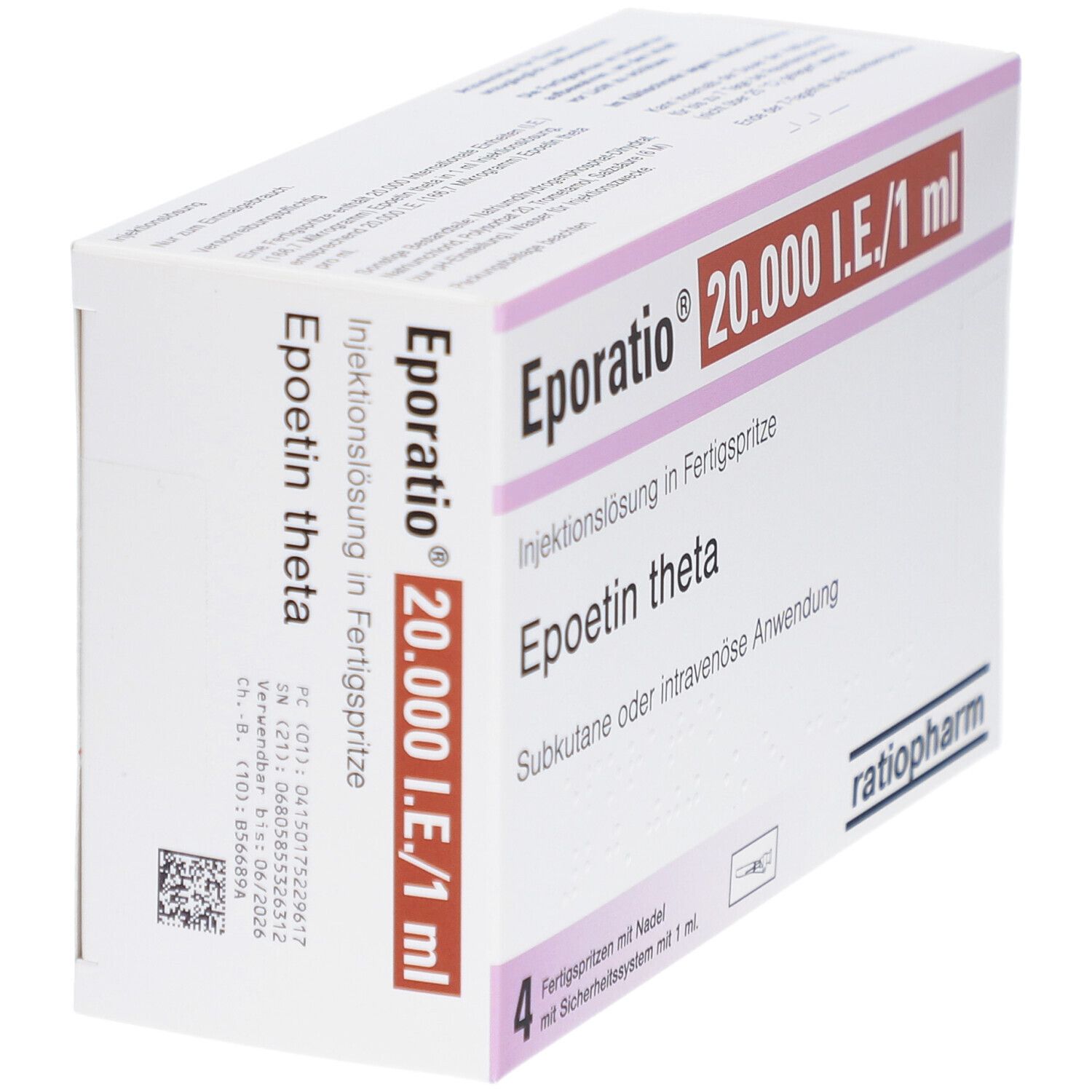 Karton von Eporatio 20.000 I.E./1 ml. Aufdruck: Epoetin theta, Injektionslösung in Fertigspritze.