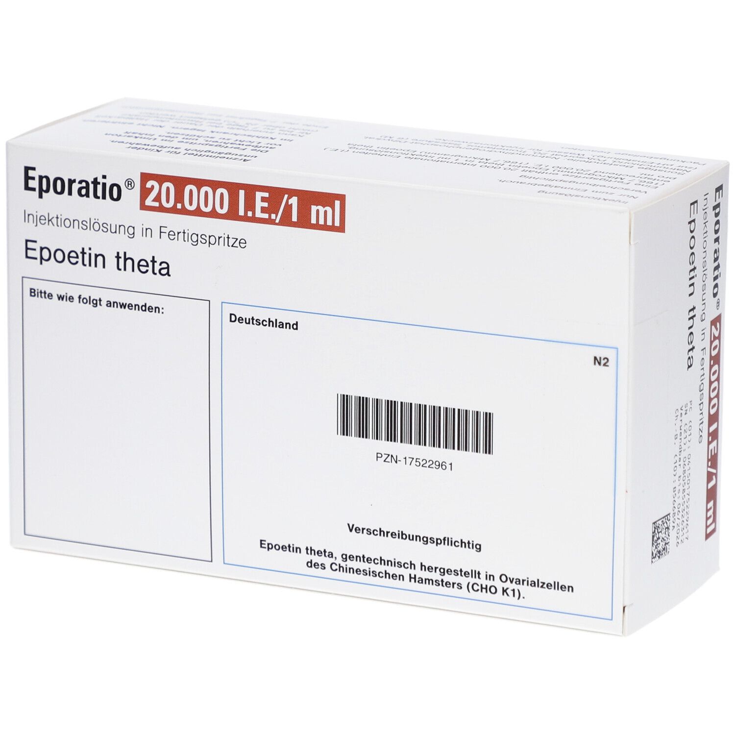 Karton von Eporatio 20.000 I.E./1 ml. Barcode und Text: Verschreibungspflichtig. Hergestellt in Ovarialzellen.