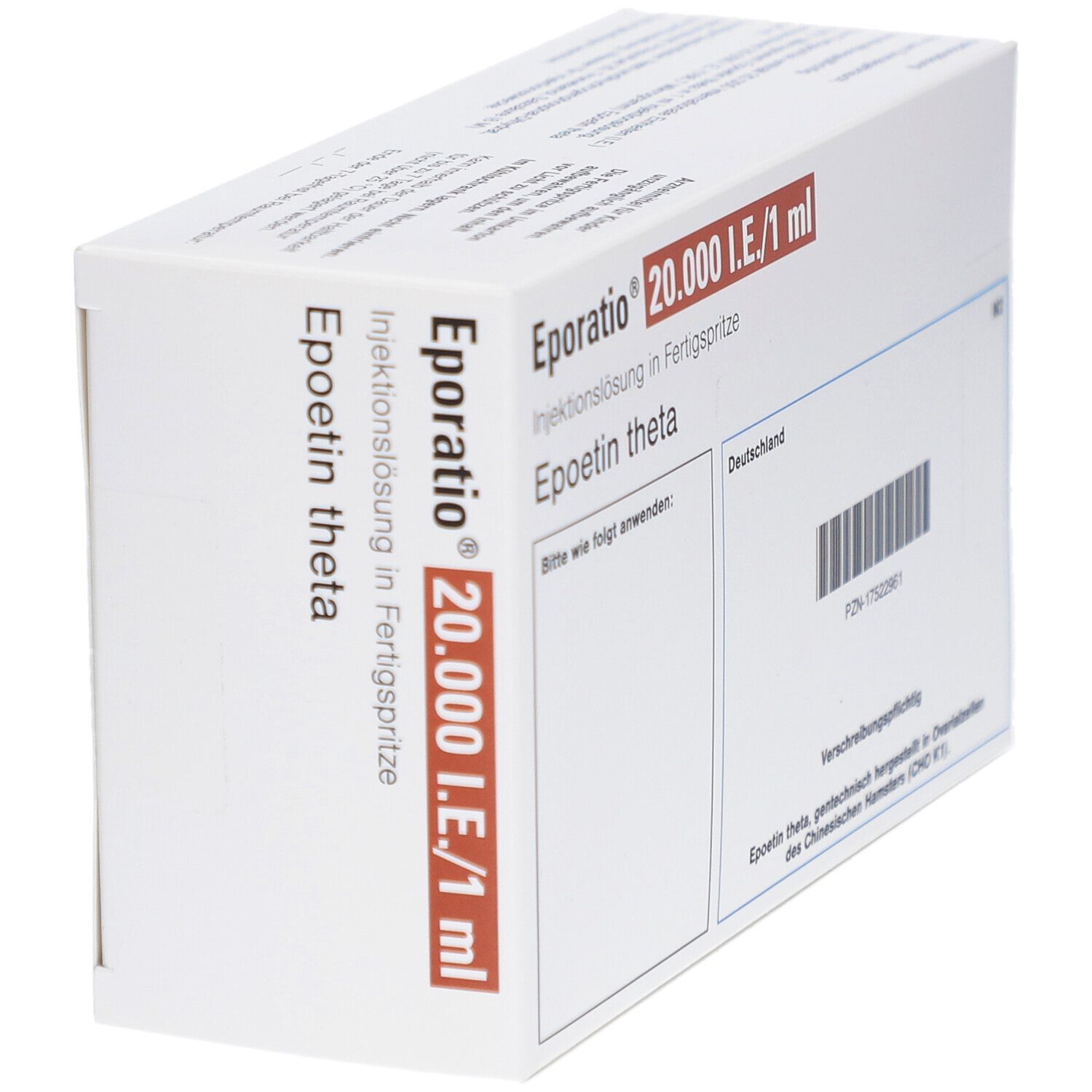 Karton von Eporatio 20.000 I.E./1 ml. Aufdruck: Epoetin theta, Injektionslösung in Fertigspritze.