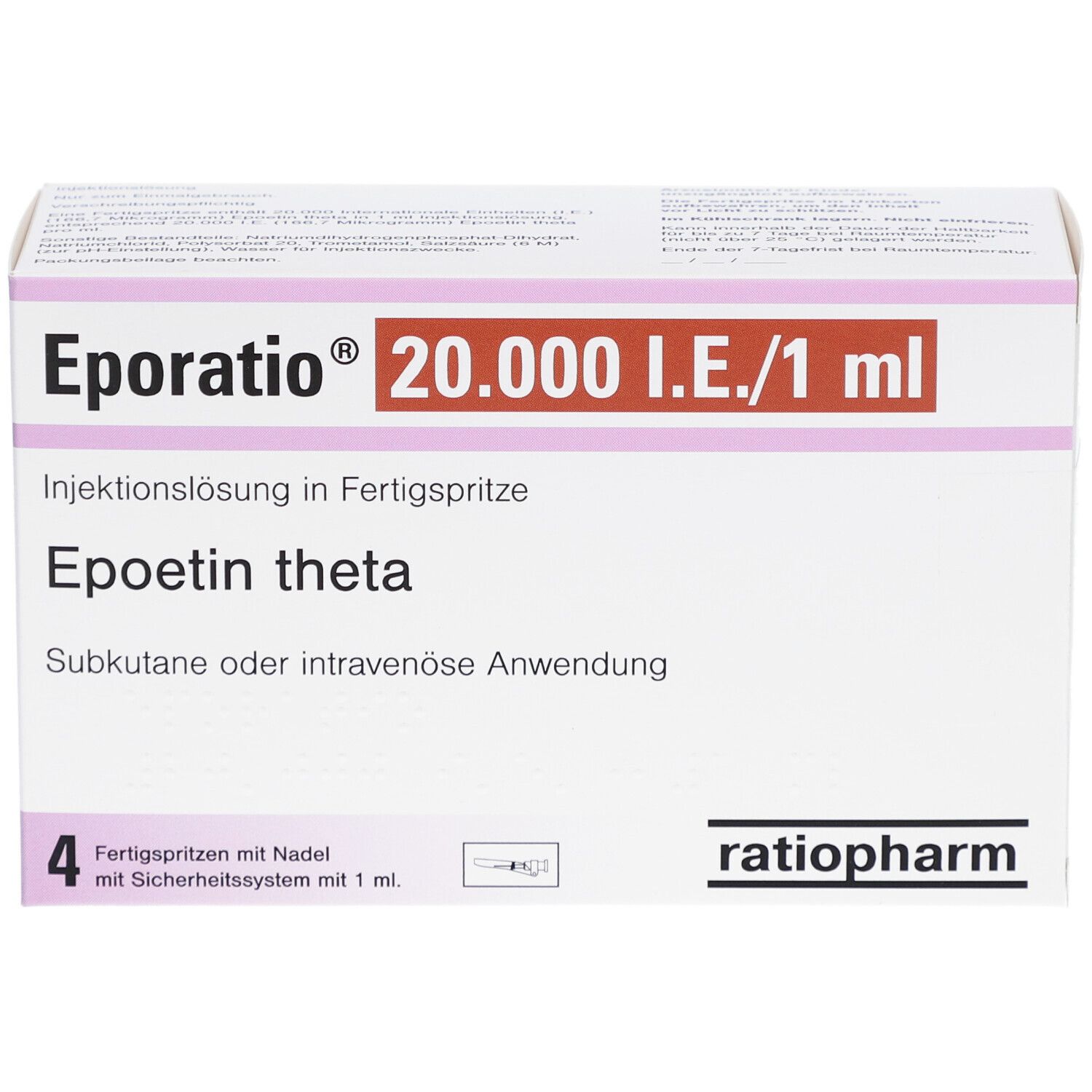 Karton von Eporatio 20.000 I.E./1 ml. Enthält 4 Fertigspritzen mit Nadel und Sicherheitsystem.