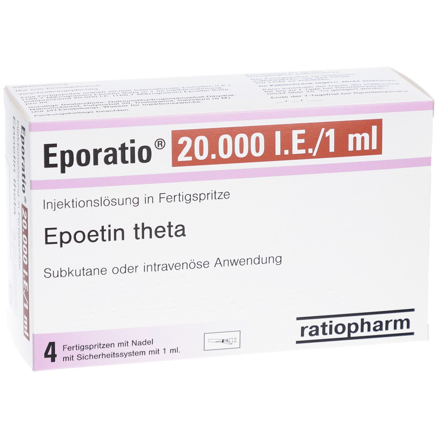 Karton von Eporatio 20.000 I.E./1 ml. Enthält 4 Fertigspritzen mit Nadel und Sicherheitsystem.