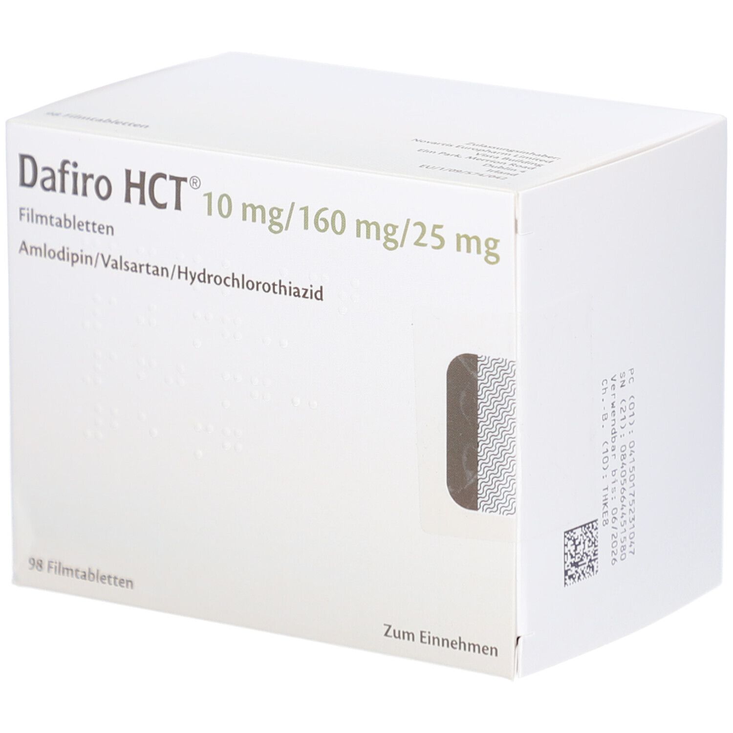 Weiße Schachtel mit Aufschrift Dafiro HCT 10 mg/160 mg/25 mg Filmtabletten. Enthält 98 Filmtabletten. Zum Einnehmen.