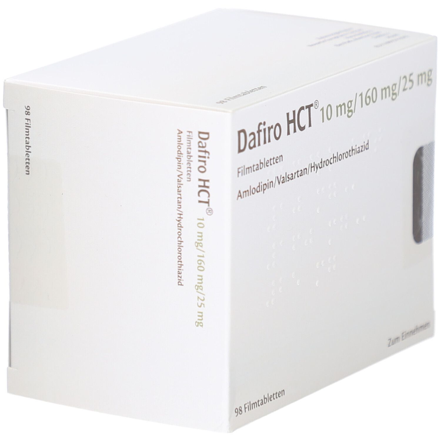 Weiße Schachtel mit Aufschrift Dafiro HCT 10 mg/160 mg/25 mg Filmtabletten. Enthält 98 Filmtabletten. Schrägansicht.