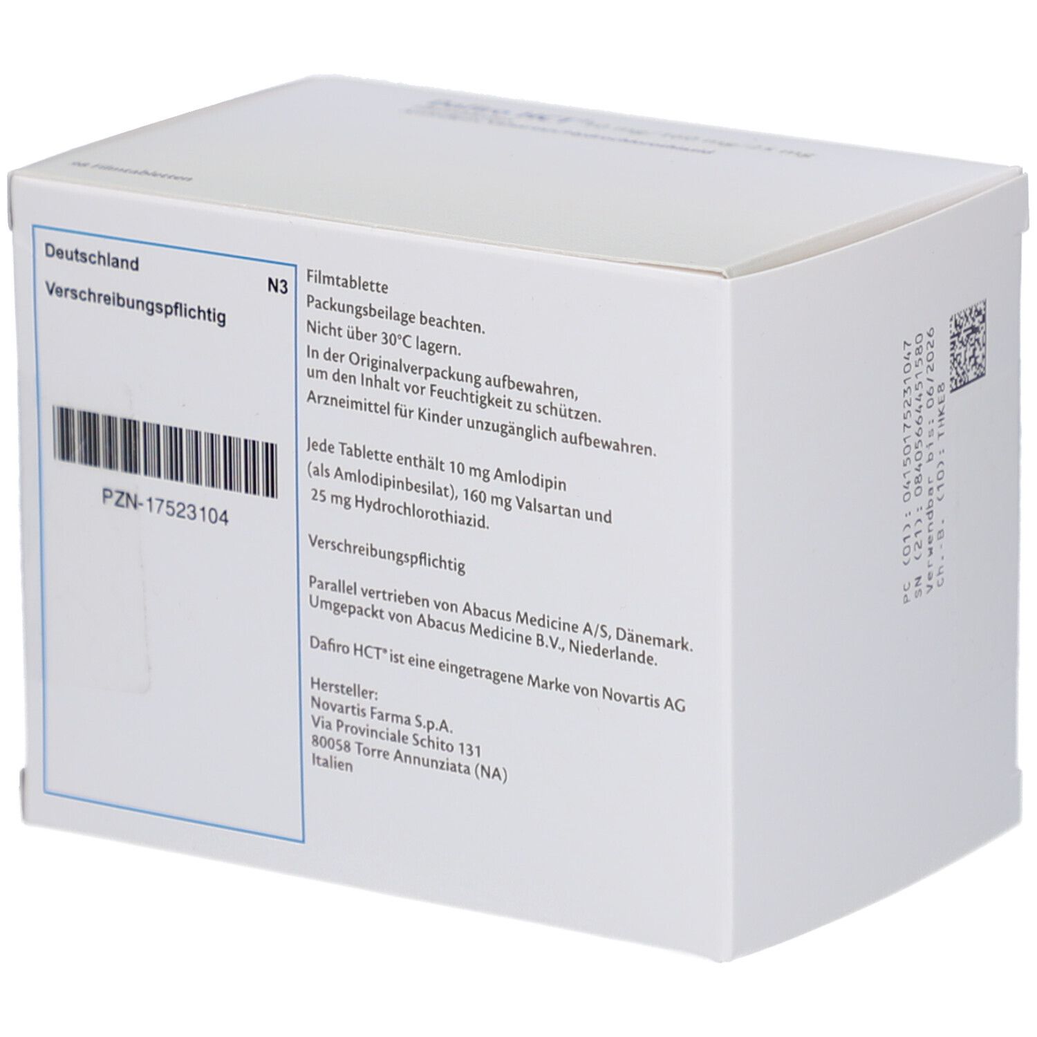 Rückseite der weißen Schachtel mit Text. Enthält Informationen zu Inhaltsstoffen, Hersteller und Vertrieb.