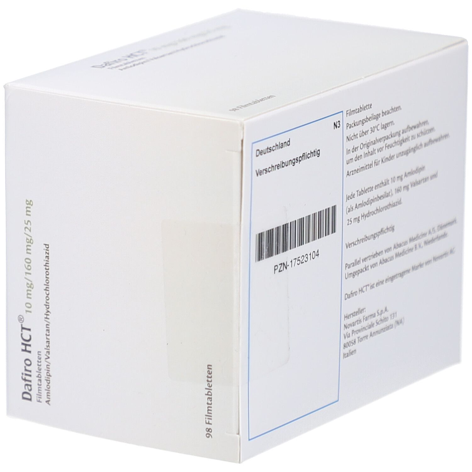 Weiße Schachtel mit Text und Barcode. Enthält Informationen zu Inhaltsstoffen, Hersteller und Vertrieb.