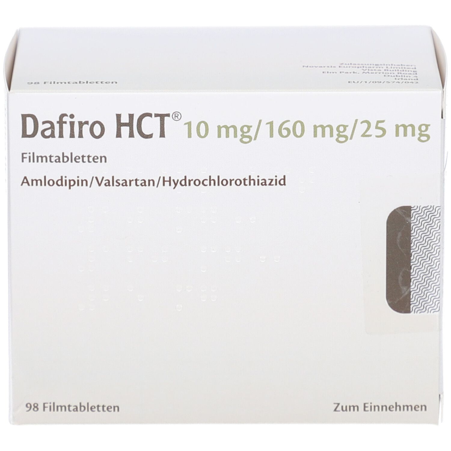 Weiße Schachtel mit Aufschrift Dafiro HCT 10 mg/160 mg/25 mg Filmtabletten. Enthält 98 Filmtabletten. Draufsicht.