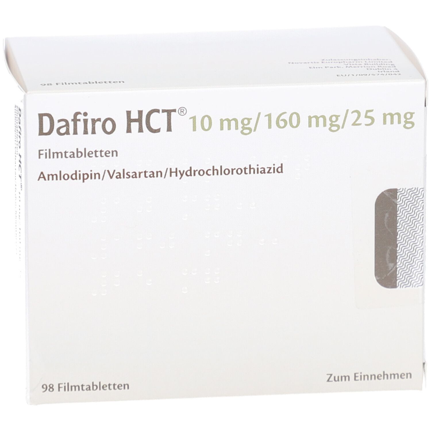 Weiße Schachtel mit Aufschrift Dafiro HCT 10 mg/160 mg/25 mg Filmtabletten. Enthält 98 Filmtabletten. Nahaufnahme.