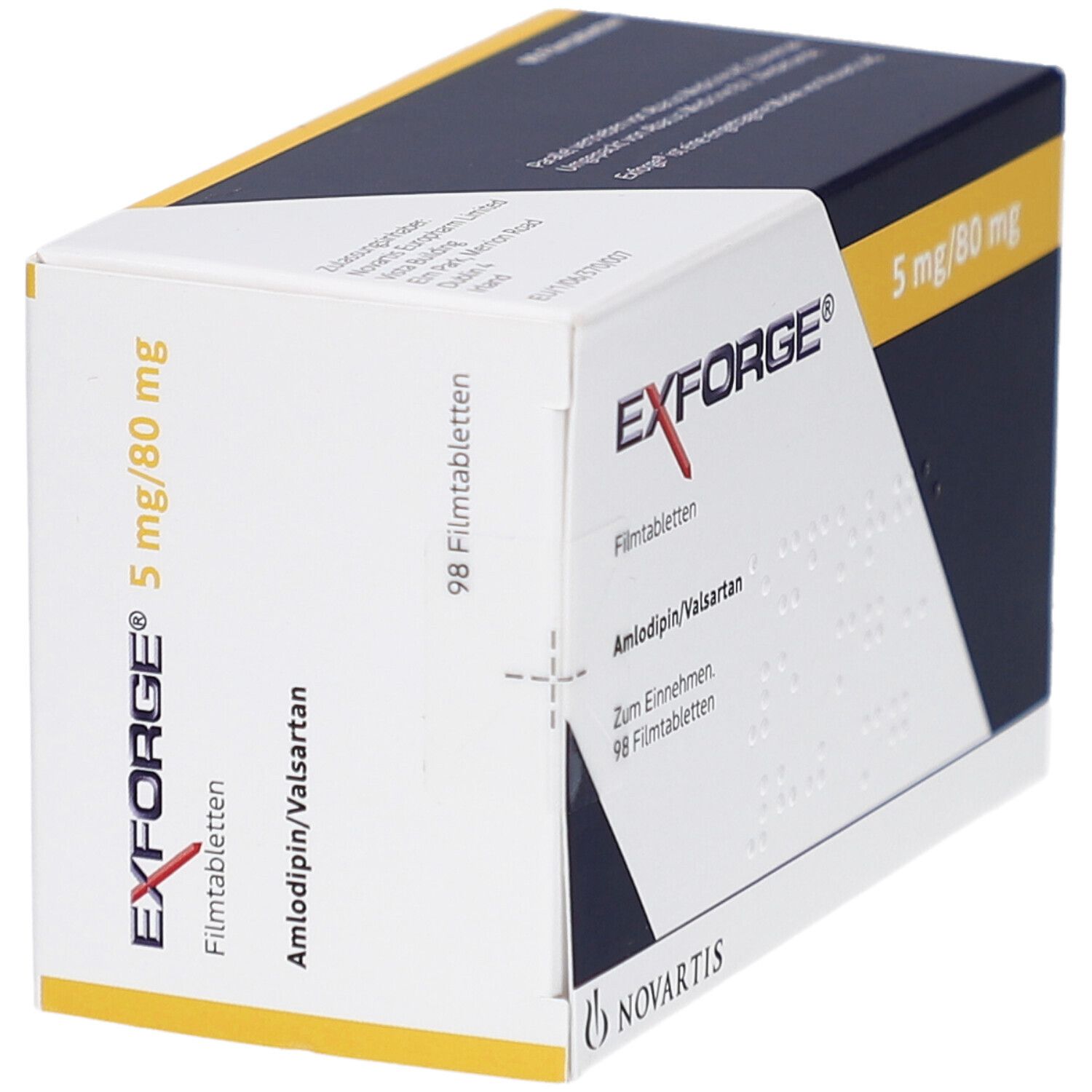 Schachtel EXFORGE Filmtabletten. Aufschrift: 5 mg/80 mg, 98 Filmtabletten, Amlodipin/Valsartan. Novartis Logo.