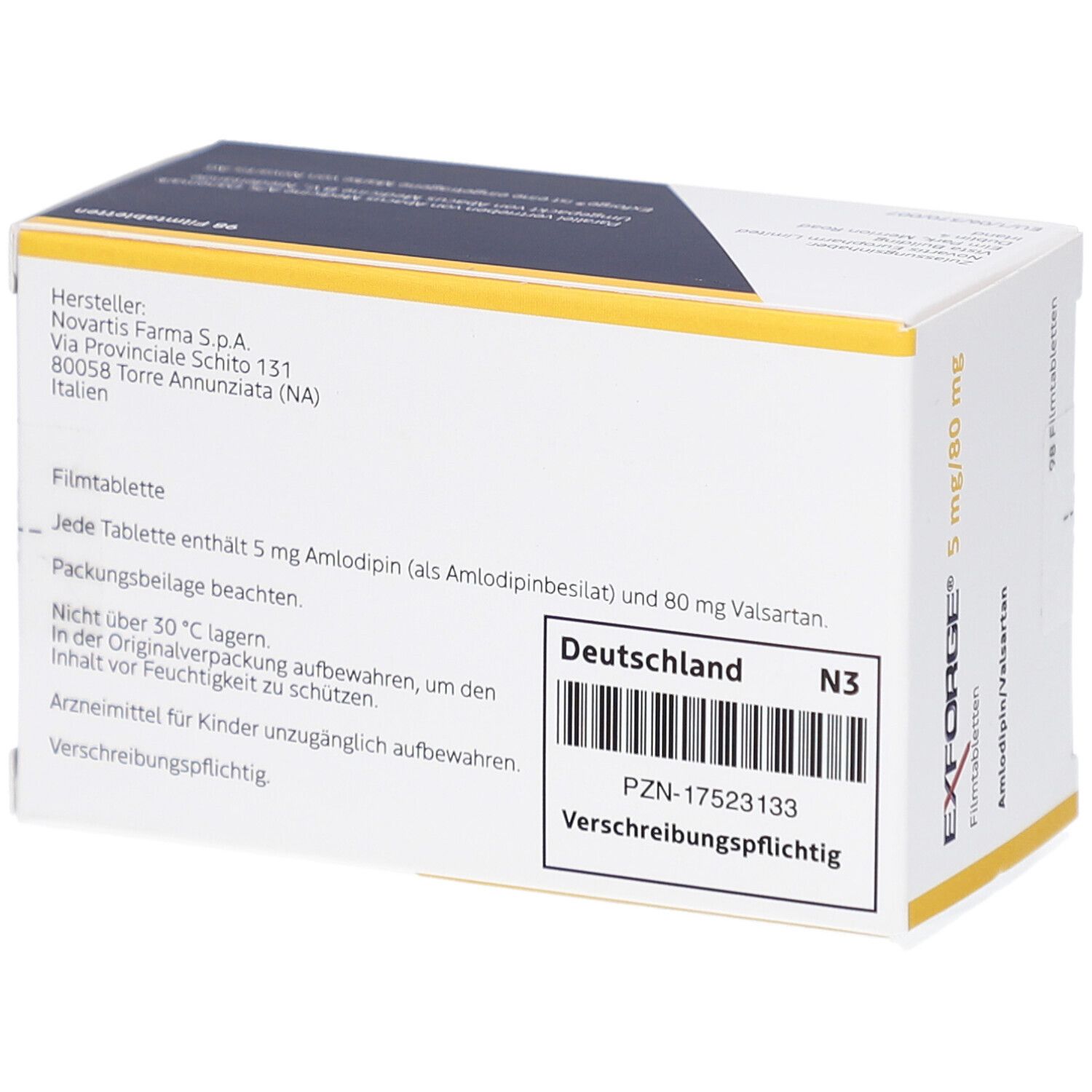 Rückseite der EXFORGE Filmtabletten-Schachtel. Text: 5 mg Amlodipin, 80 mg Valsartan. Hersteller Novartis. PZN-17523133.