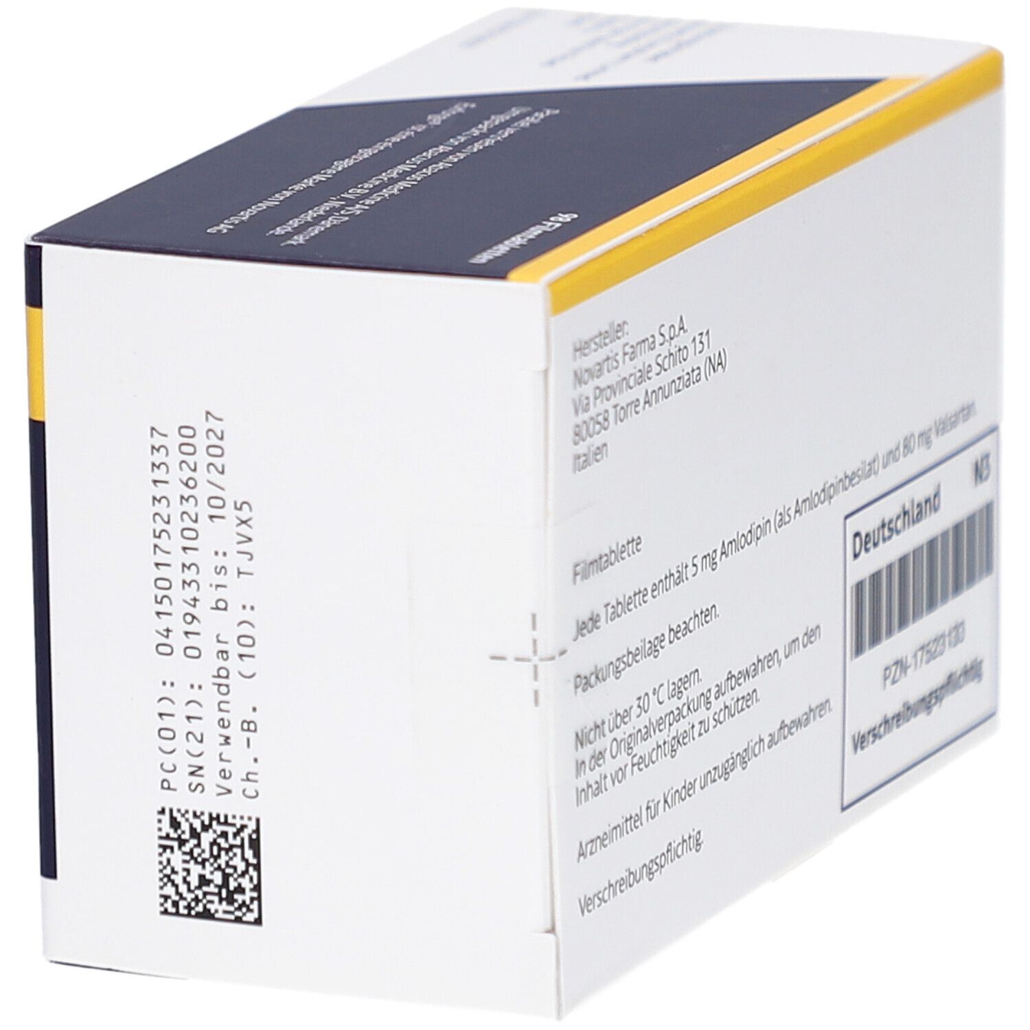 Seite der EXFORGE Filmtabletten-Schachtel. Text: Hersteller Novartis, Chargennummer, Verfallsdatum. Barcode und PZN-17523133.