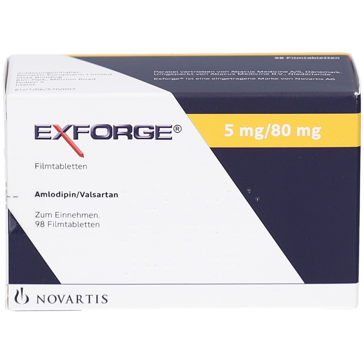Schachtel mit EXFORGE Filmtabletten. Aufschrift: 5 mg/80 mg, Amlodipin/Valsartan, 98 Filmtabletten. Novartis Logo.