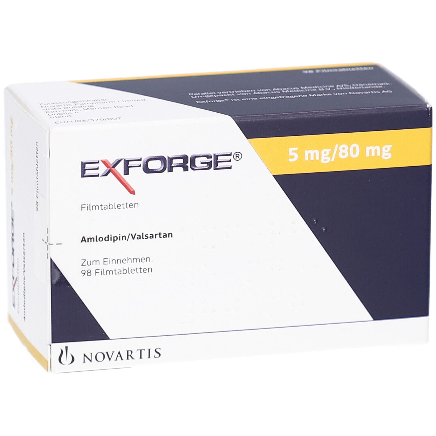 Schachtel mit EXFORGE Filmtabletten. Aufschrift: 5 mg/80 mg, Amlodipin/Valsartan, 98 Filmtabletten. Novartis Logo.