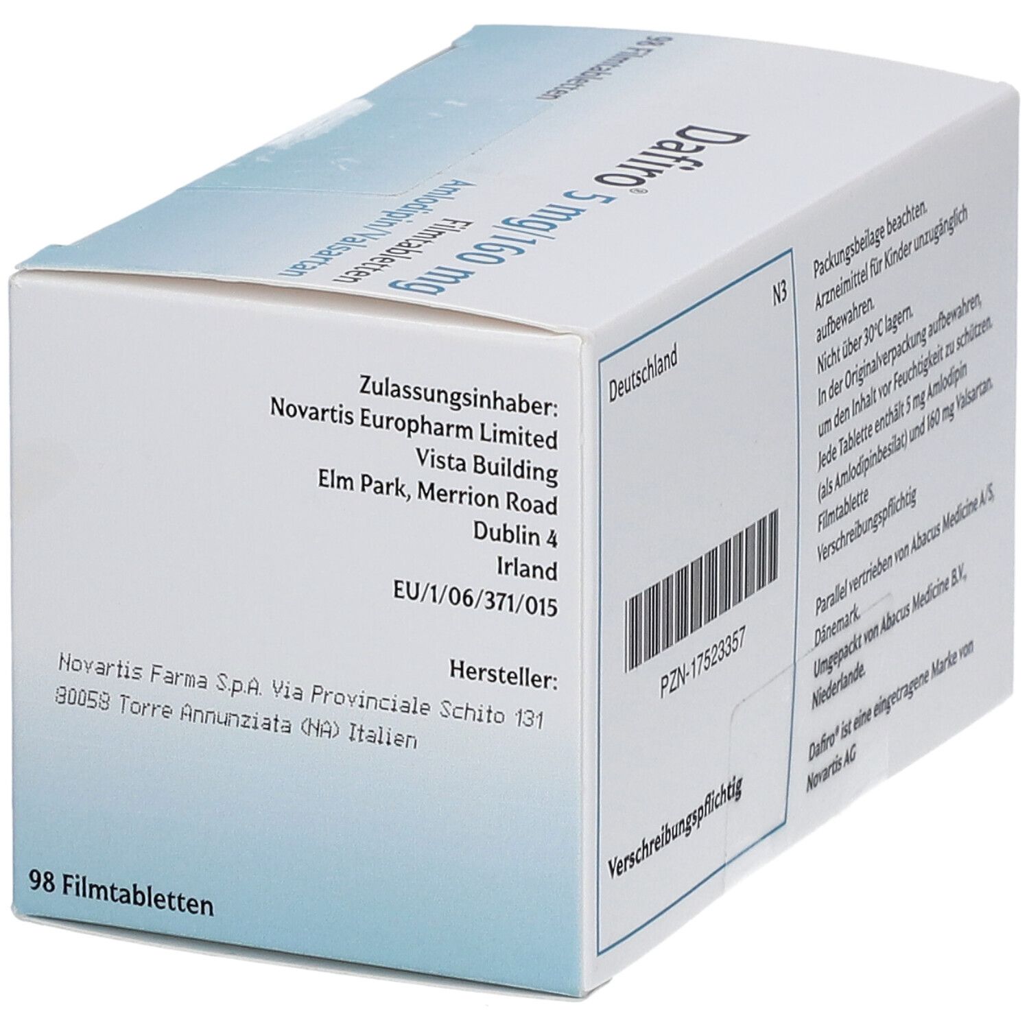 Schachtel "Dafiro 5 mg/160 mg Filmtabletten". Seitenansicht mit Herstellerinformationen und Warnhinweisen.