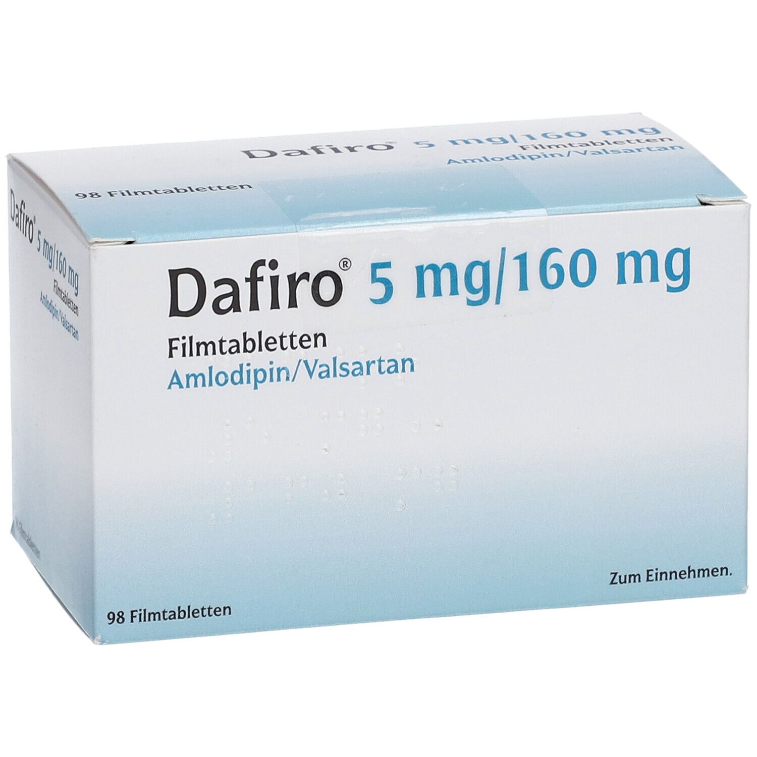 Schachtel "Dafiro 5 mg/160 mg Filmtabletten". Enthält 98 Filmtabletten. Schräg gestellt. Blaue und weiße Farbgebung.