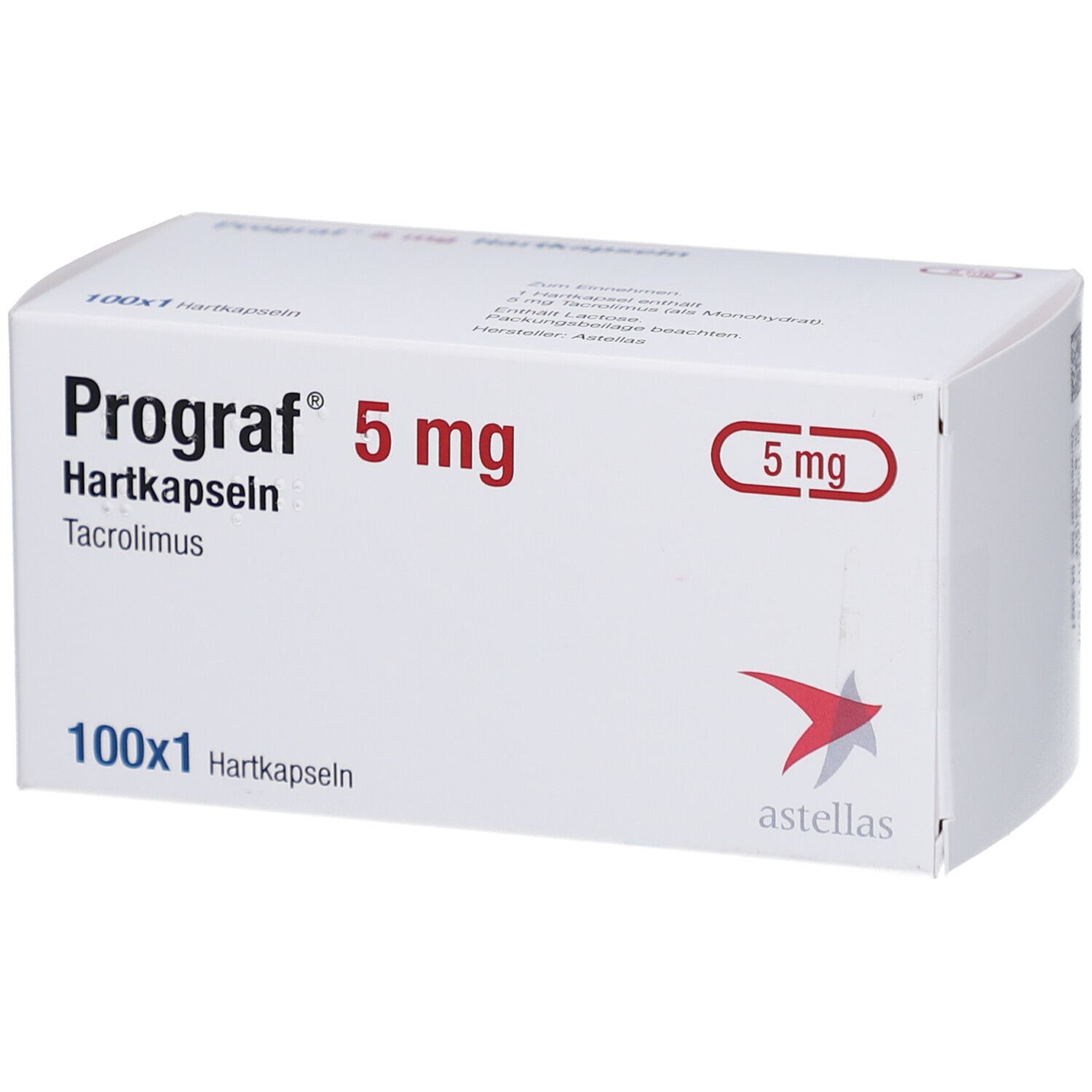 Weiße Schachtel mit Aufschrift "Prograf 5 mg Hartkapseln". Enthält 100x1 Hartkapseln. Astellas Logo.