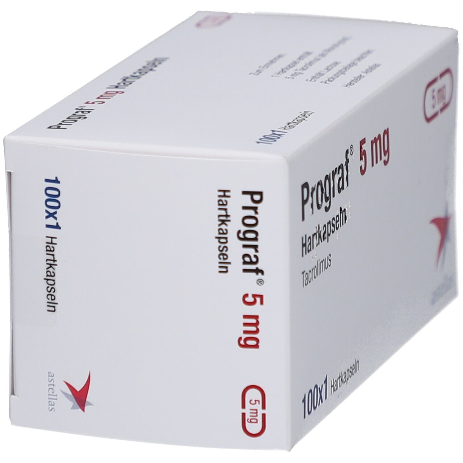 Weiße Schachtel mit "Prograf 5 mg Hartkapseln". Enthält 100x1 Hartkapseln. Astellas Logo. Schachtel schräg.