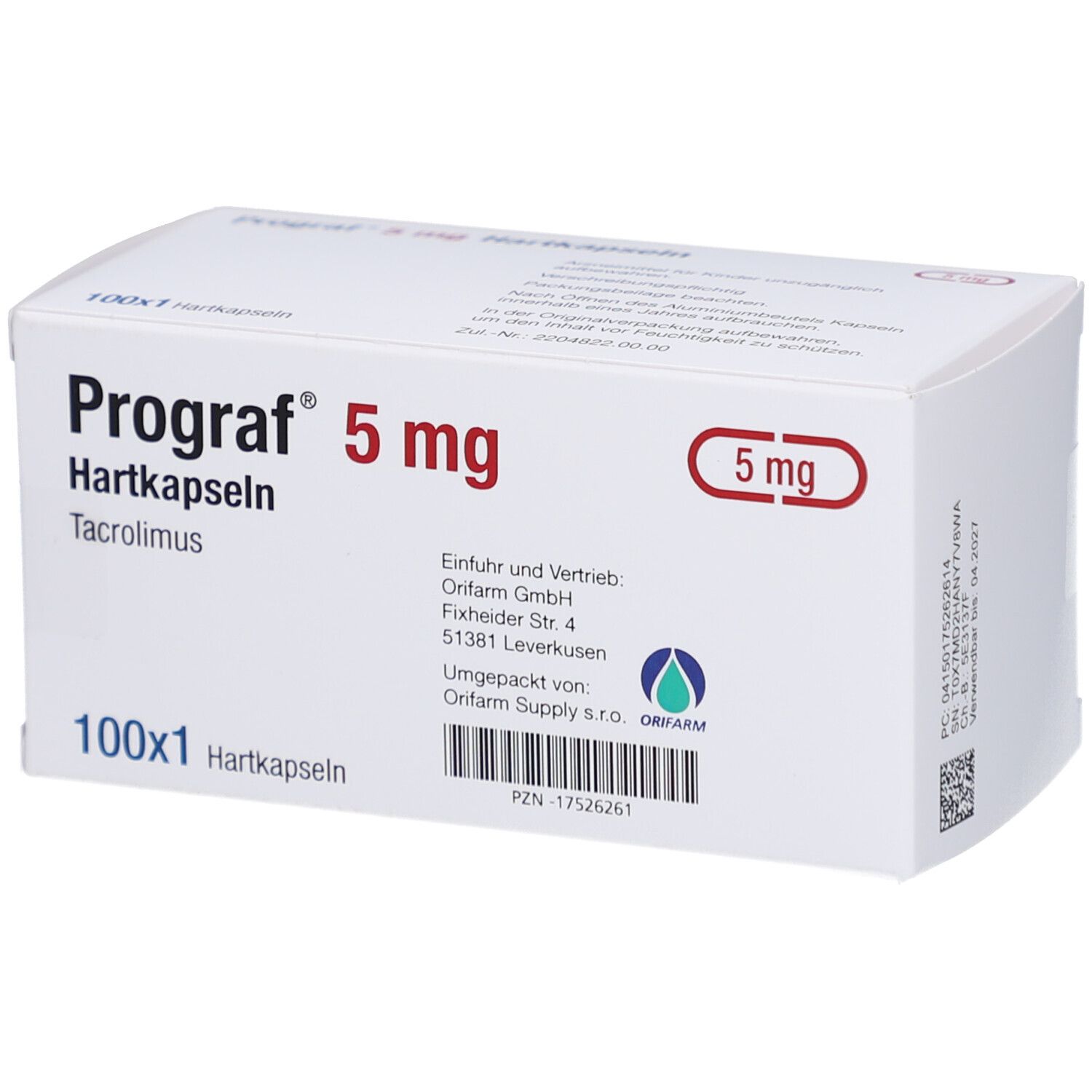Weiße Schachtel mit "Prograf 5 mg Hartkapseln". Enthält 100x1 Hartkapseln. Herstellerinformationen. Astellas Logo.