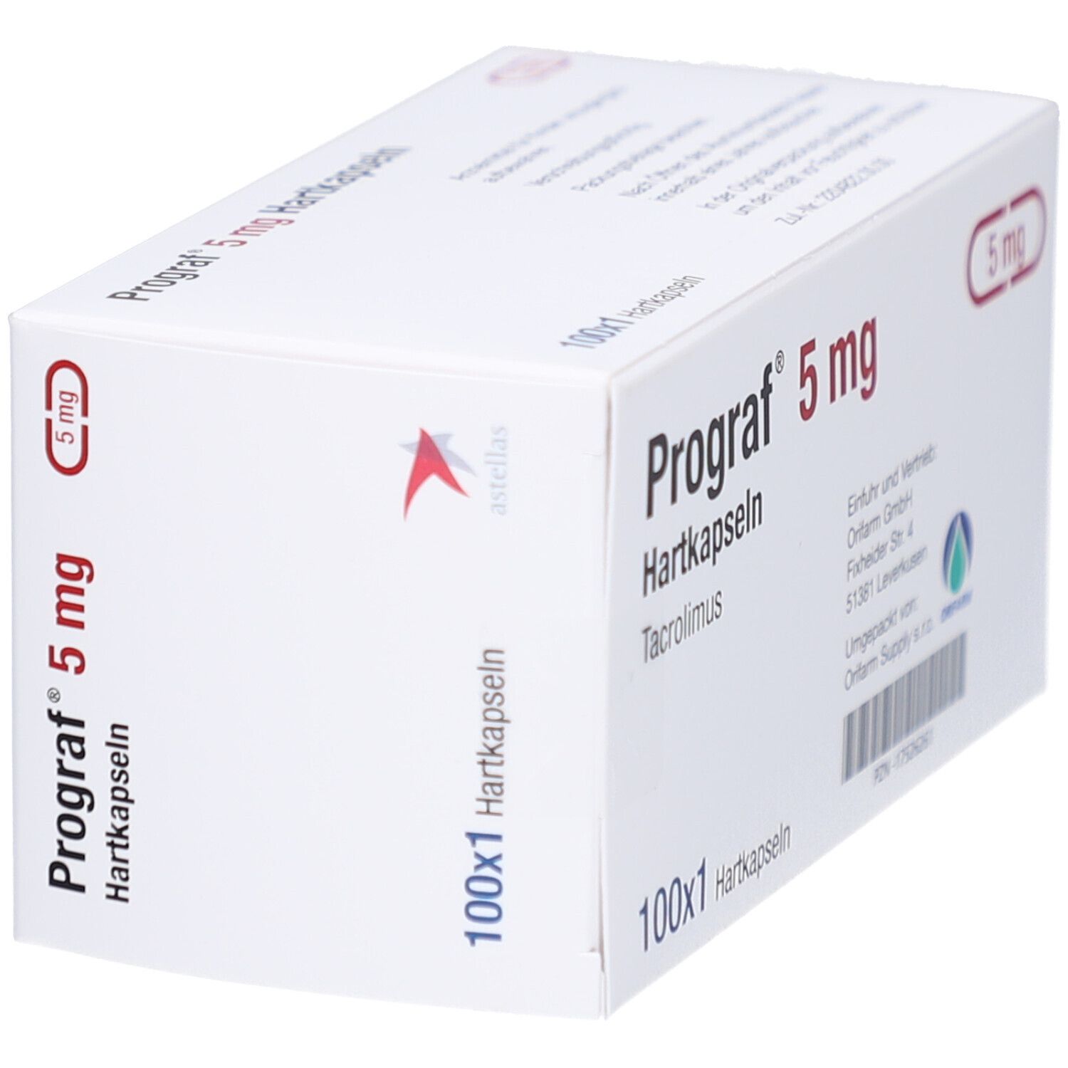 Weiße Schachtel mit "Prograf 5 mg Hartkapseln". Enthält 100x1 Hartkapseln. Herstellerinformationen. Astellas Logo. Schräg.