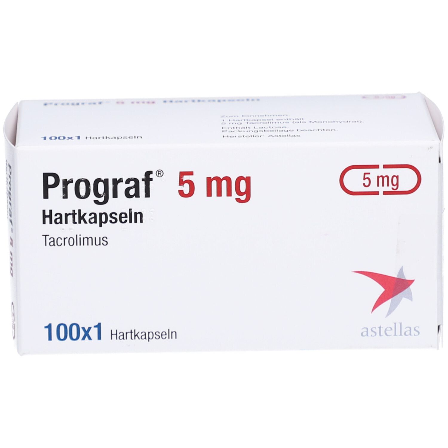 Weiße Schachtel mit "Prograf 5 mg Hartkapseln". Enthält 100x1 Hartkapseln. Astellas Logo.