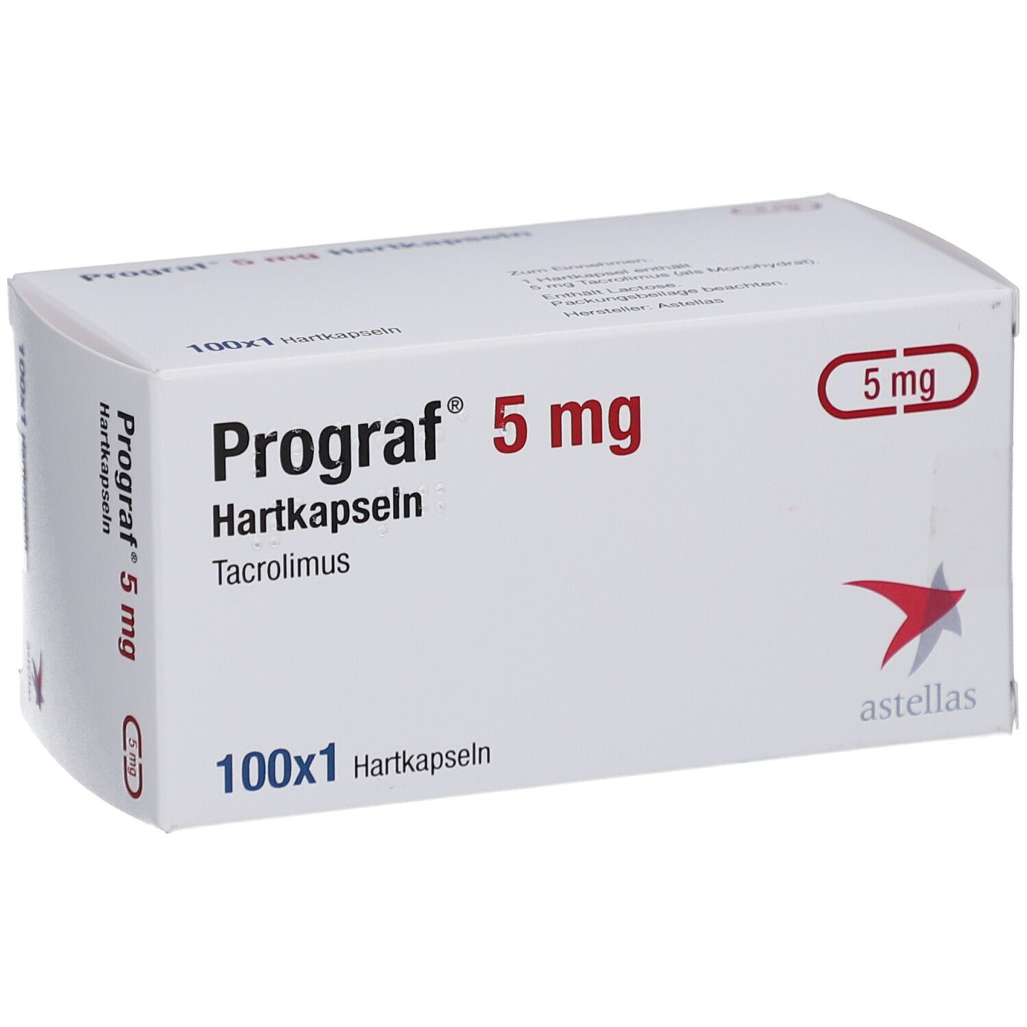 Weiße Schachtel mit "Prograf 5 mg Hartkapseln". Enthält 100x1 Hartkapseln. Astellas Logo.