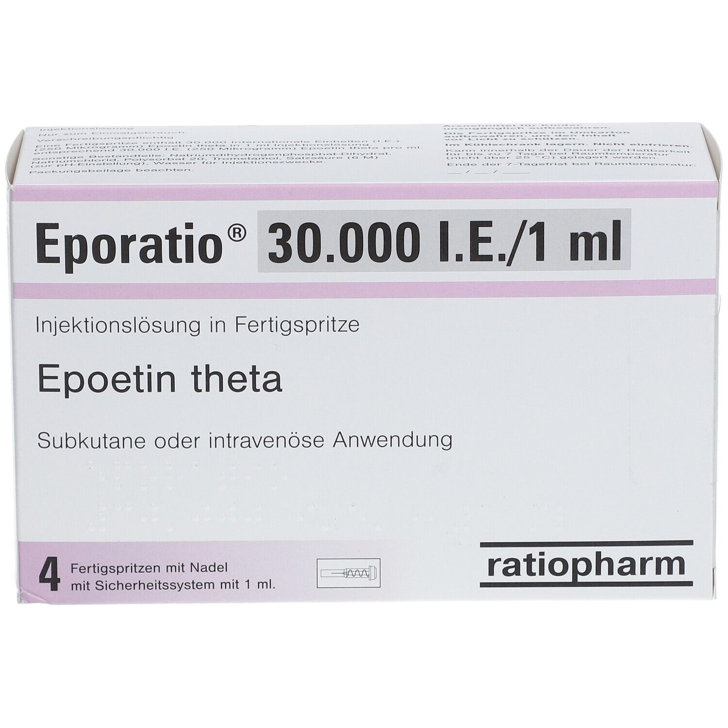 Verpackung von Eporatio 30.000 I.E./1 ml. Enthält 4 Fertigspritzen. Marke ratiopharm.